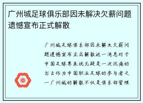 广州城足球俱乐部因未解决欠薪问题遗憾宣布正式解散 广州城足球俱乐部因未解决欠薪问题遗憾宣布正式解散